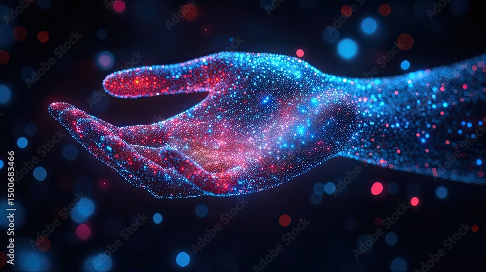 Poster glowing hand made of blue and red particles floating in a dark space with bokeh lights