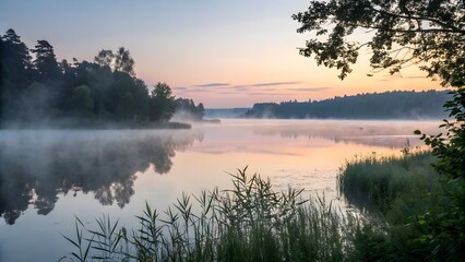 Fototapeta premium Early morning mist gently rises from a calm lake, creating a serene and ethereal atmosphere perfect for peaceful nature scenes.