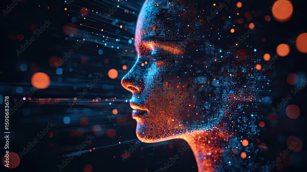 Poster abstract digital face profile with glowing particles and dark background design art