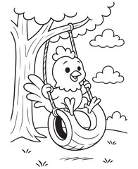 Coloring book rooster enjoys swinging on a tire swing under a leafy tree