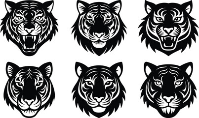 Fierce Tiger head silhouette vector aillustration,tiger head silhouette vector,tiger head silhouette art illustration on white background.
