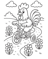 Coloring book rooster rides a bike through a field of flowers