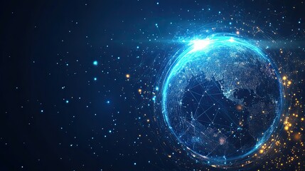 Obraz premium Illuminated globe with network connections against a dark blue starry background