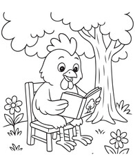 Coloring book rooster enjoys a good book under the shade of a tree