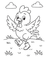 Coloring book cheerful rooster struts in his boots, ready for a farm adventure