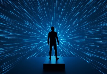 Digital Silhouette Of A Man Standing On A Platform With Abstract Blue Light Rays Background