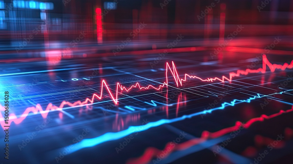 Poster abstract representation of fluctuating red and blue lines on a grid background