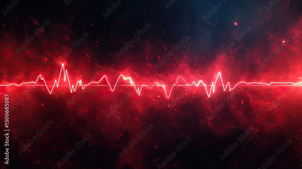 Poster a vibrant red waveform pulsating against a dark, nebulous background with particles