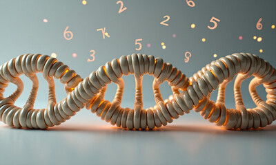 Naklejka premium A textured rope-form DNA helix floats amidst scattered numerical symbols over a smooth neutral surface.