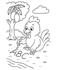 Coloring book rooster practices his ABCs under a mango tree