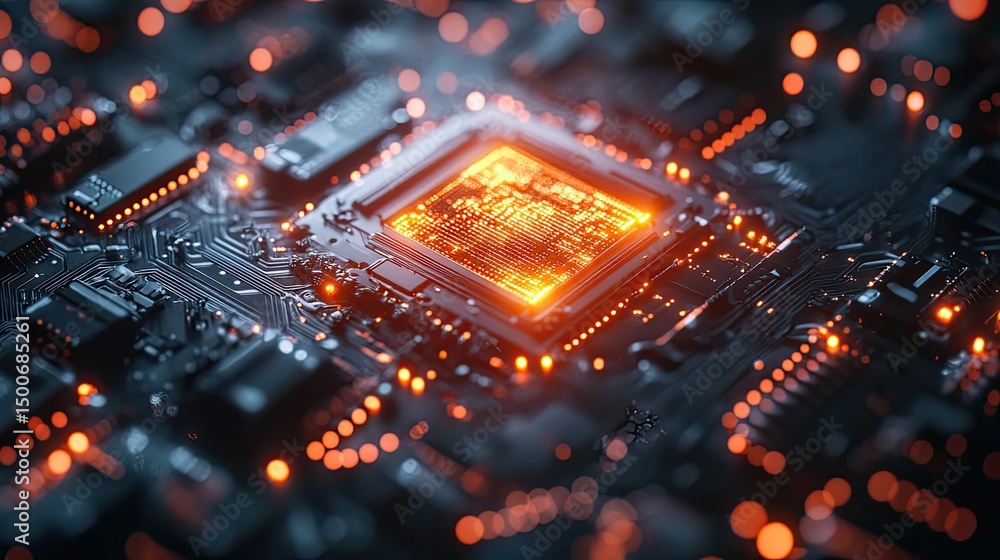 Aufkleber a close up view of a glowing orange cpu on a dark circuit board with bokeh lights