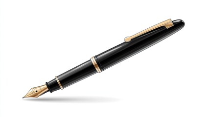 A detailed illustration of a black fountain pen with gold accents on a white background