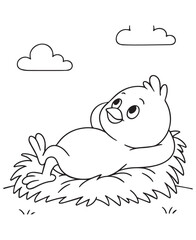 Coloring book relaxed baby chick lies in a nest