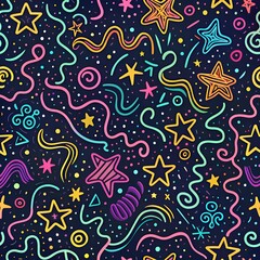 Naklejka premium “Seamless abstract doodle pattern with playful hand-drawn squiggles, stars, and lines in neon colors on a dark background, energetic and youthful design” 