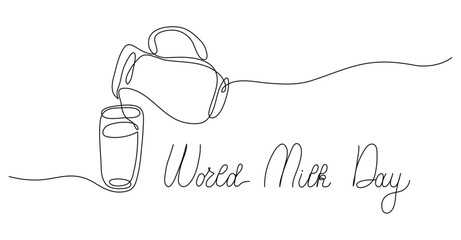 World Milk Day. Abstract jug and glass continuous single one line art hand drawing. Hand drawn quote with editable stroke. Outline handwritten script