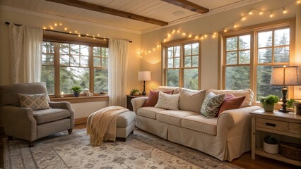 Inviting living room featuring warm lighting and plush seating, ideal for concepts of comfort, relaxation, and homely ambiance.