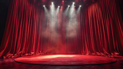 A theatrical stage with red curtains and spotlights illuminating the circular stage