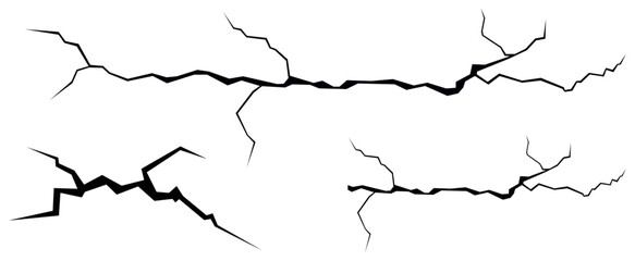 Surface crack and fissure in ground, concrete, crevices from disaster top view. Breaks on land surface from earthquake isolated on white background. Broken ground, wall, glass pattern effect. Damage
