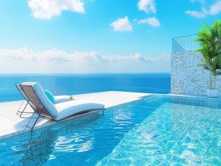Fototapeta premium A luxurious poolside scene with a comfortable lounge chair overlooking the calm ocean infuses relaxation and exclusivity