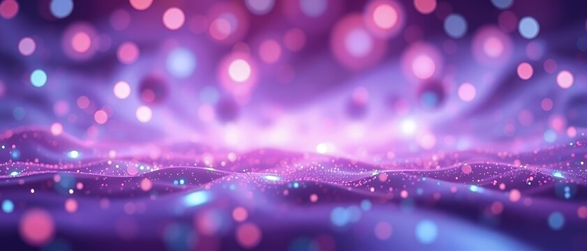 Abstract purple & pink glowing bokeh banner: digital waves & particles, ideal for tech backgrounds, festive events, or vibrant party visuals