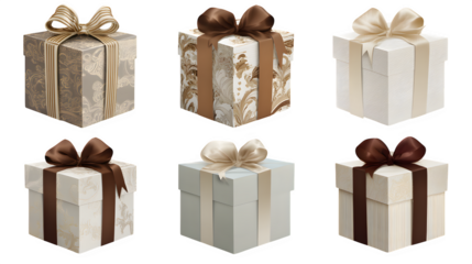 A collection of elegant and abstract gift box designs with modern ribbon styles, isolated on Transparent Background.