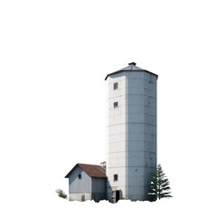 A tall white concrete silo standing next to a small building against a transparent background in the daylight