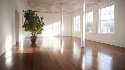 Fototapeta premium Spacious room with polished wooden floor and a single plant.
