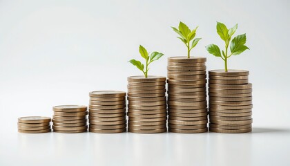 A plant thrives on a stack of golden coins, symbolizing investment and financial growth