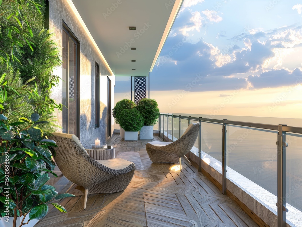 Poster Elegant Balcony View Overlooking the Ocean During Sunset With Comfortable Seating and Lush Greenery Creating a Serene Atmosphere