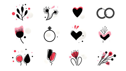 A collection of stylized and modern wedding-related icons like rings, hearts, and abstract floral designs, isolated on Transparent Background.