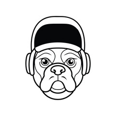 Line art illustration of a bulldog face wearing headphones and a baseball cap.eps