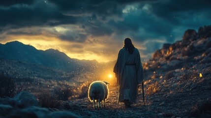 Guiding Light: Jesus leading lamb through rugged hillside at glowing horizon