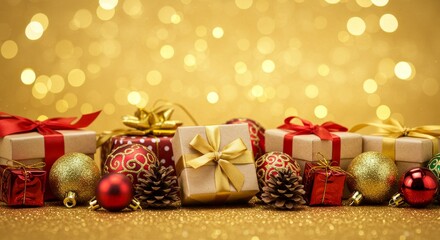 Festive Christmas Presents And Decorations On A Golden Background Photo
