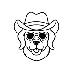 Line art illustration of a dog face wearing a cowboy hat and sunglasses.eps