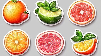 Citrus Sticker Sheet Sliced fruits with leaves on a white background with a gray backdrop