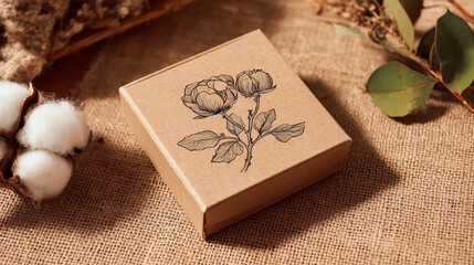 Brown cardboard box with floral design on burlap background, showcasing minimalist packaging mockup ideal for branding or product presentation
