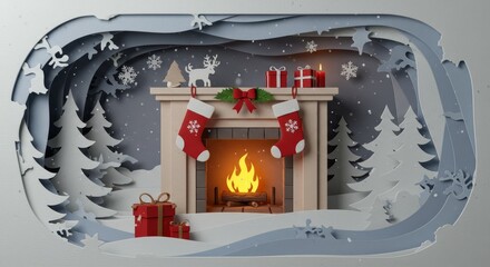 Festive Papercut Illustration Of Christmas Fireplace With Decorations