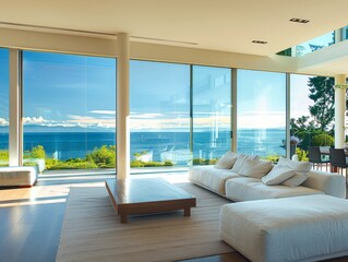 Modern Living Room With Expansive Ocean View Showcasing Natural Light and Minimalistic Design Located in a Seaside Villa During Golden Hour