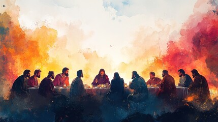 Watercolor Artistic Illustration of Jesus and the Twelve Apostles at the Last Supper