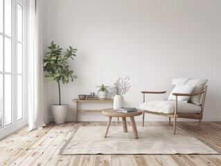 Fototapeta premium Minimalist Living Room With Natural Light, Wooden Furniture, and Greenery Enhancing Calm and Relaxation on a Peaceful Afternoon