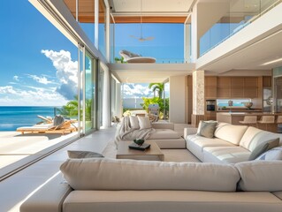 Naklejka premium An exquisite living room design integrating modern furniture with a breathtaking beachfront view, showcasing a seamless blend of indoor and outdoor luxury