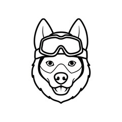 Line art illustration of a husky face with ski goggles.eps