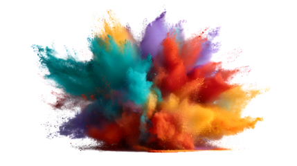 Dynamic explosion of colorful powder with sharp, defined particles, isolated on Transparent Background.