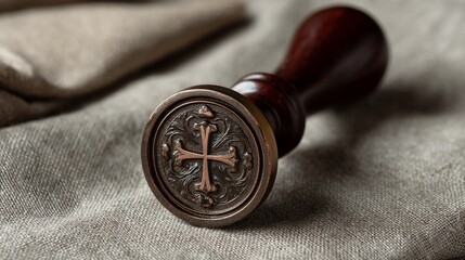 Bronze seal stamp with cross design, resting on linen fabric, showcasing  authenticity, heritage, and tradition