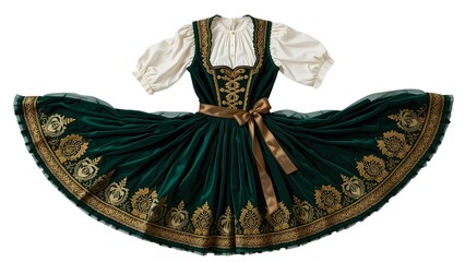 Festive Styrian Dirndl Dark Green Velvet Gold Embroidered Apron Silk Ribbons