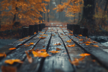 Rainy autumn day on a wooden bridge