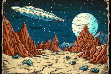 The imaginative illustration for a retro sci-fi book cover, full of vintage charm.