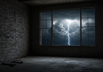 Dramatic Storm Scene Through Window In A Dark Brick Interior Photo