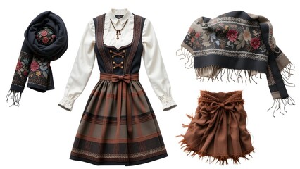 Winter Dirndl Set Heavy Wool Skirt Long Sleeved Blouse Embroidered Shawl