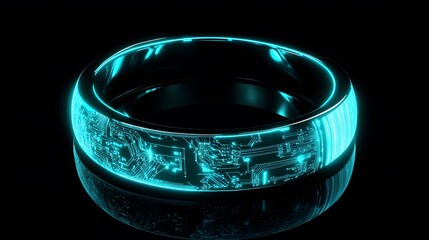 Futuristic glowing ring with circuit design.